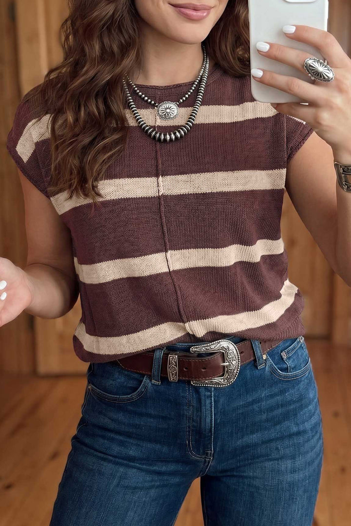 Rose Stripe Knit Western Short Sleeve Sweater