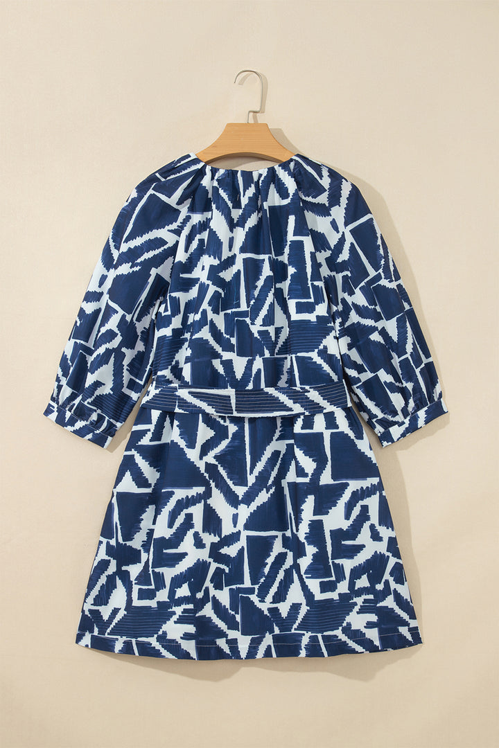 Blue Abstract Geometric Print Zip Front Tie Waist Shift Dress