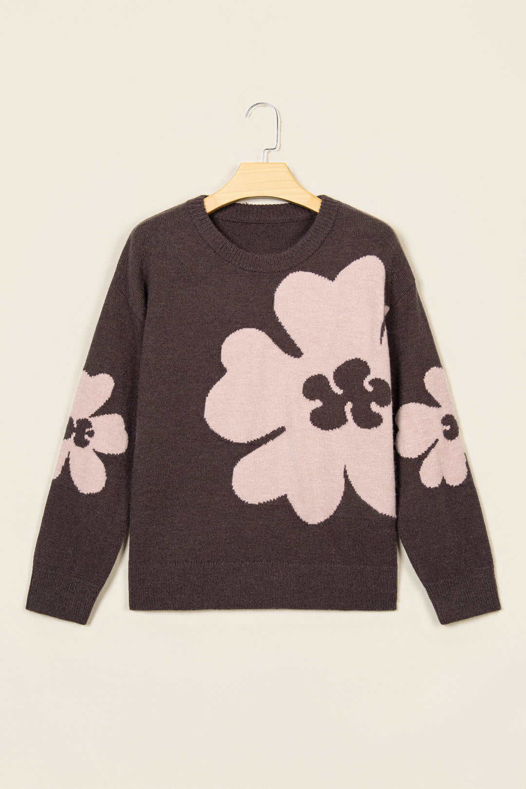 Chicory Coffee Cozy Floral Print Round Neck Dropped Shoulder Casual Sweater