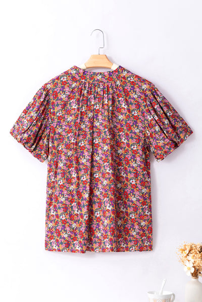 Purple Floral Print Knotted High Neck Puff Sleeve Blouse