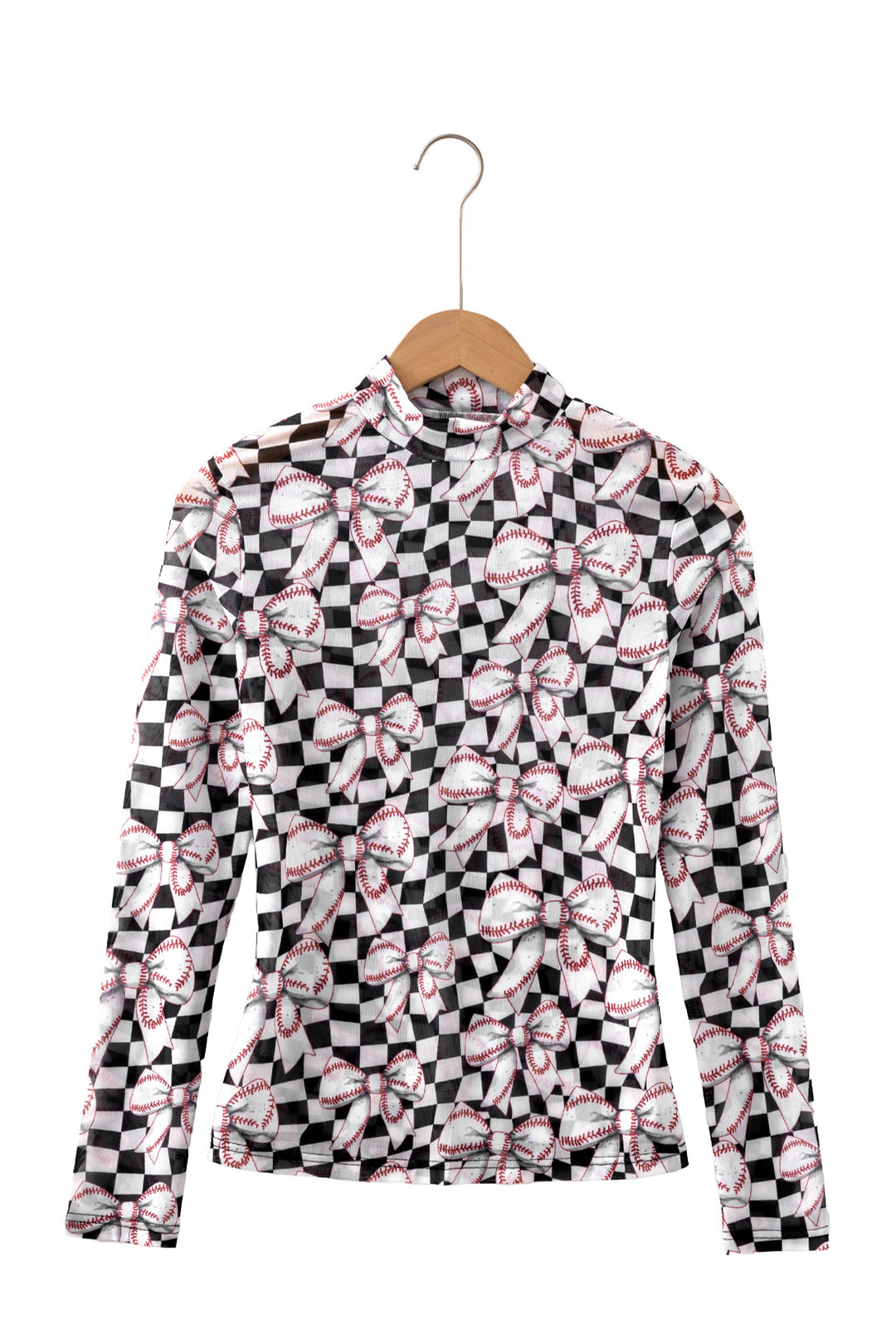 Black High Neck Plaid Baseball Bow Long Sleeve Mesh Top