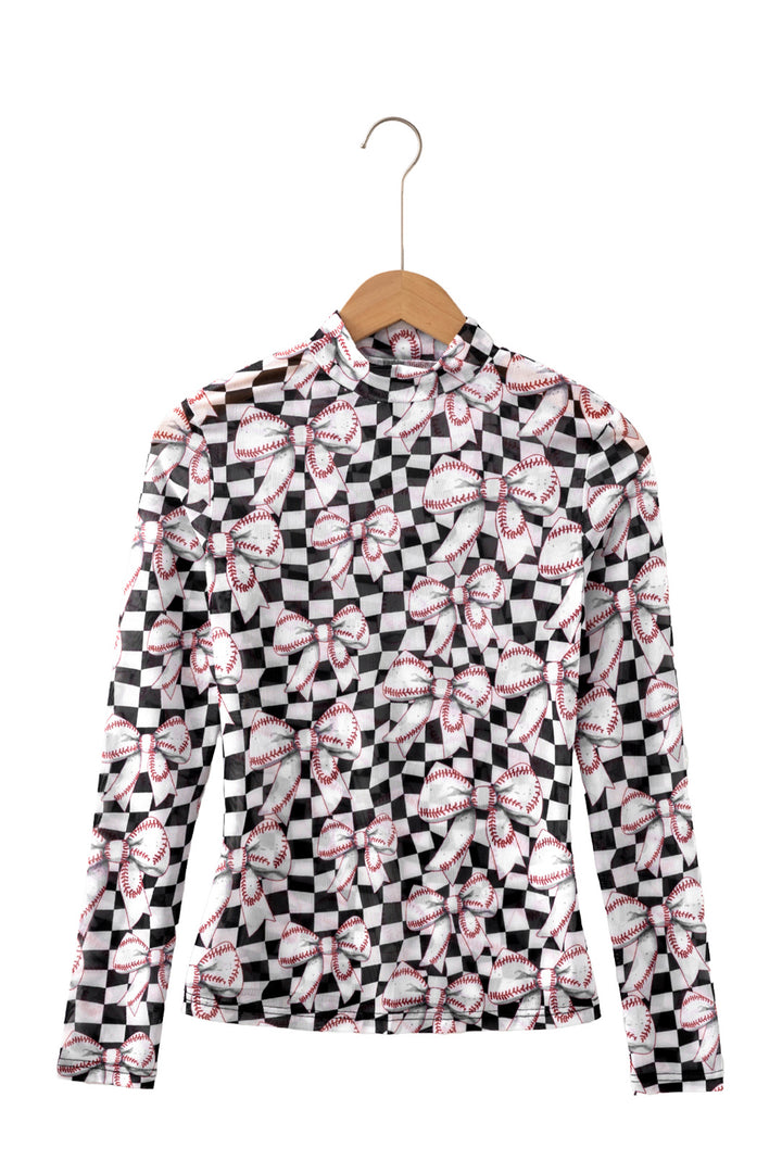 Black High Neck Plaid Baseball Bow Long Sleeve Mesh Top