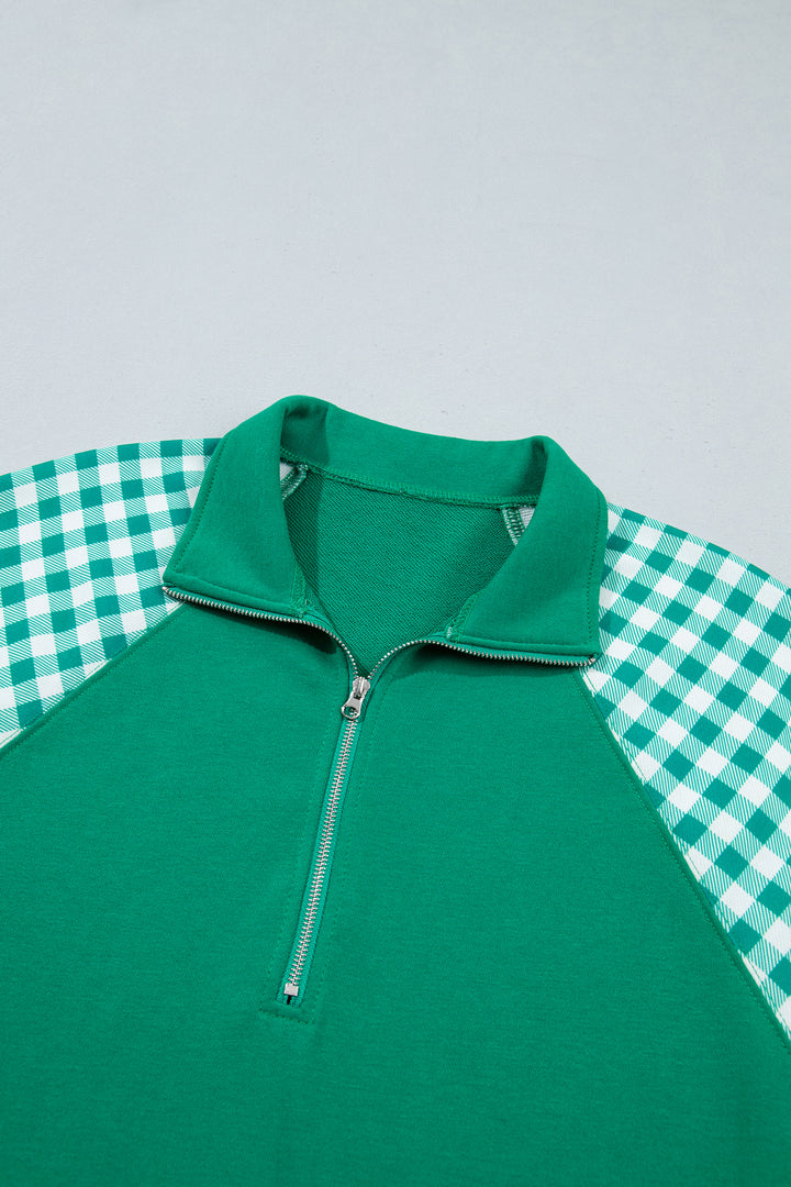 Navy Blue Patchwork Plaid Pocket Quarter Zip Sweatshirt