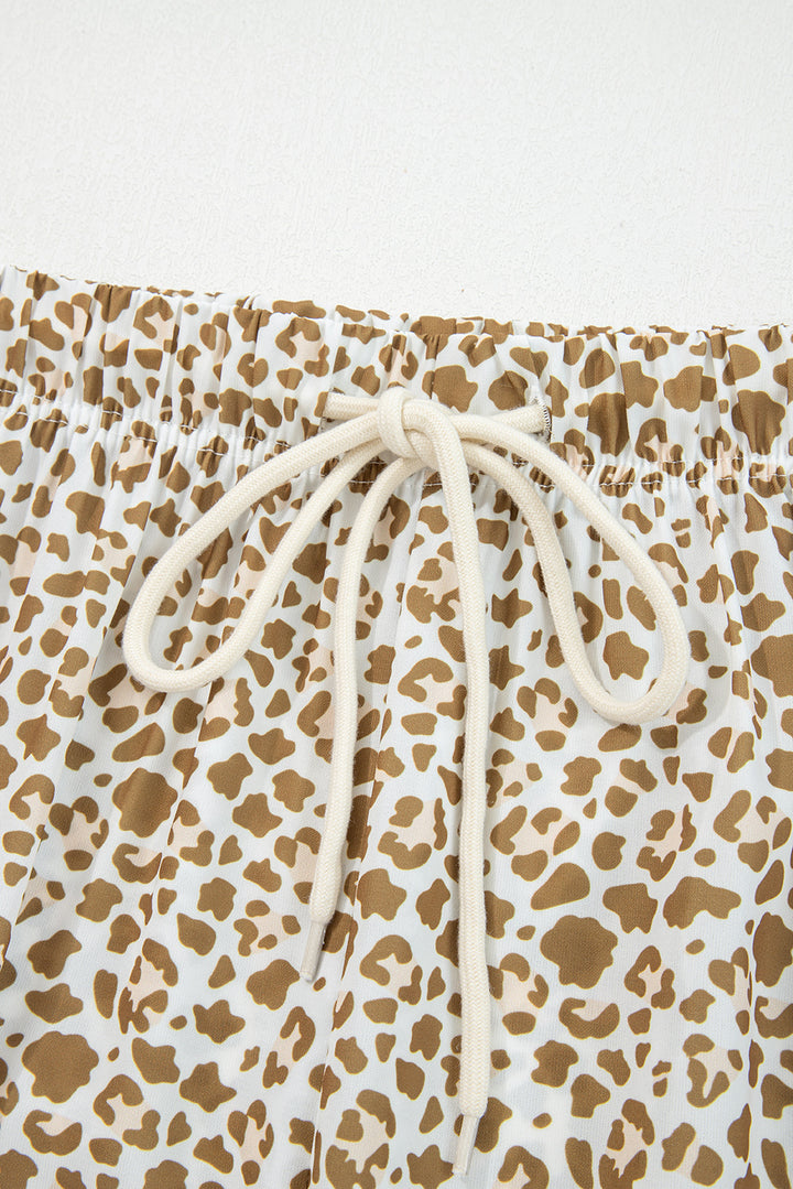 Khaki Leopard Drawstring Elastic Waistband Loose Pants