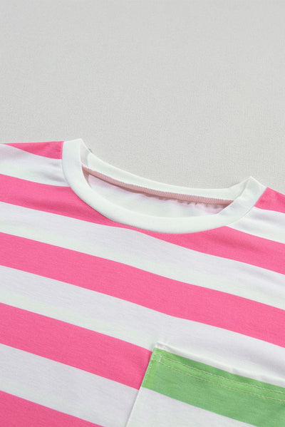 Pink Stripe Contrast Patch Pocket Drop Sleeve T Shirt