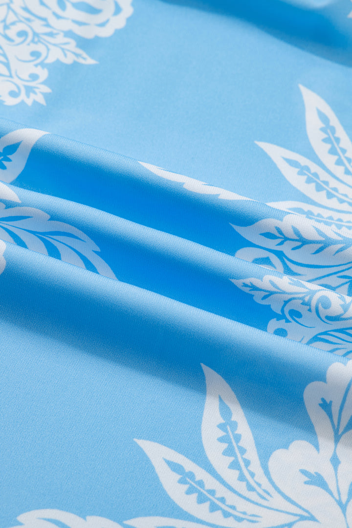 Sky Blue Ruffled Collar Puff Sleeve Flower Blouse