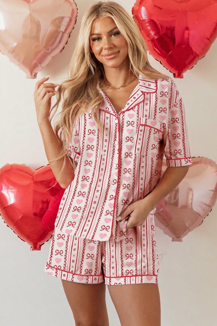 Red Cute Bow Heart Print Ribbon Decor Short 2pcs Pajama Set