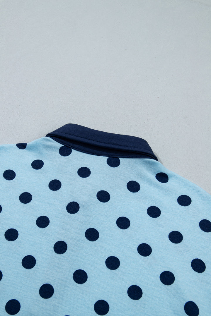 Sky Blue Polka Dot Drop Shoulder Polo Loose Pullover Patch Pocket Casual Shorts Set