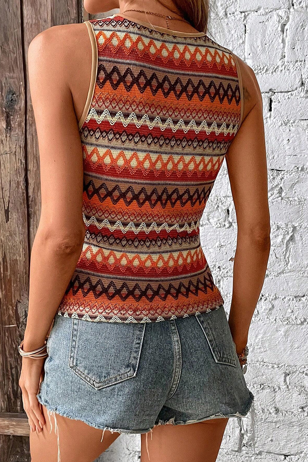 Orange Striped & Geo Jacquard Knit Tank Top