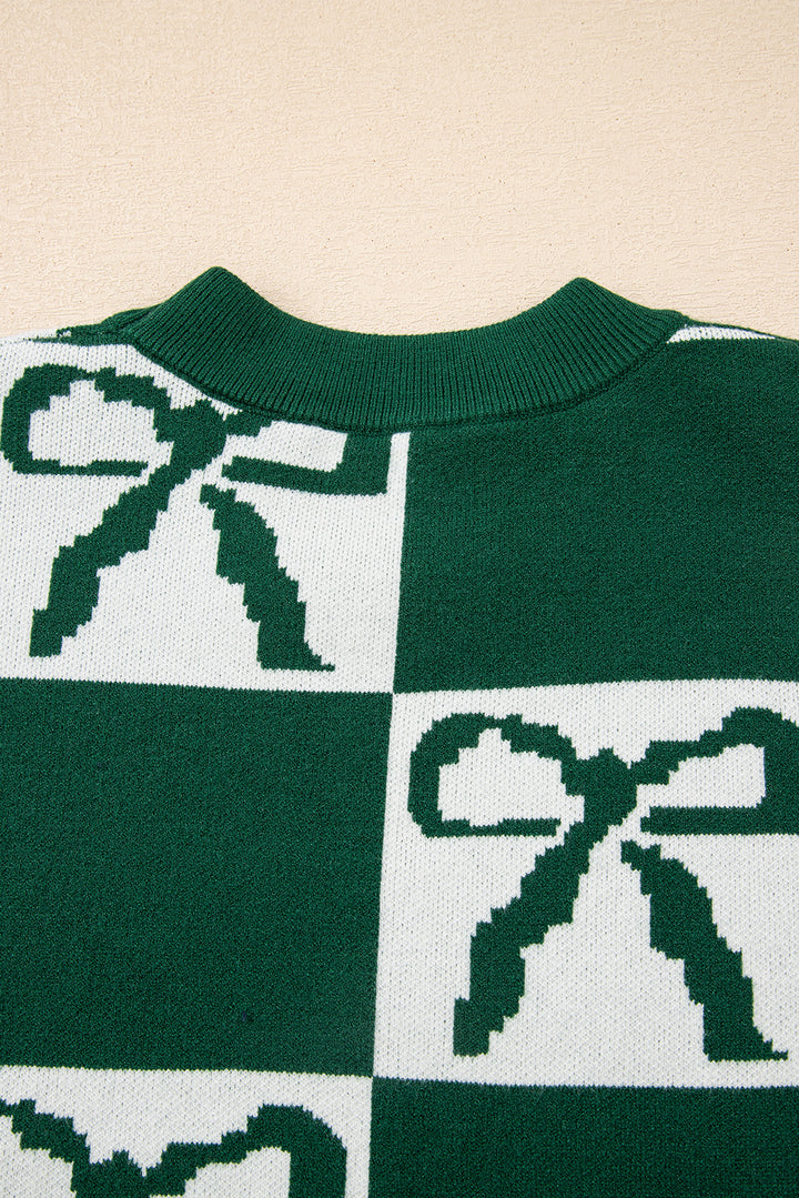 Blackish Green Checkered Bow Print Casual Sweater