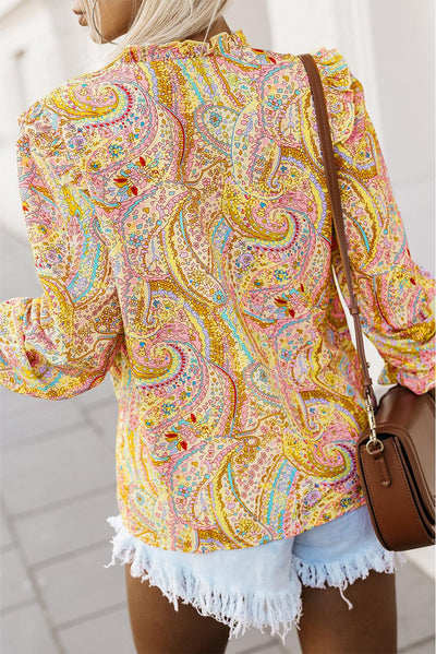 Yellow Paisley Print Ruffled Trim Boho Shirt