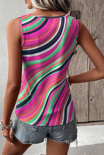 Purple Wavy Striped Buttoned V Neck Tank Top