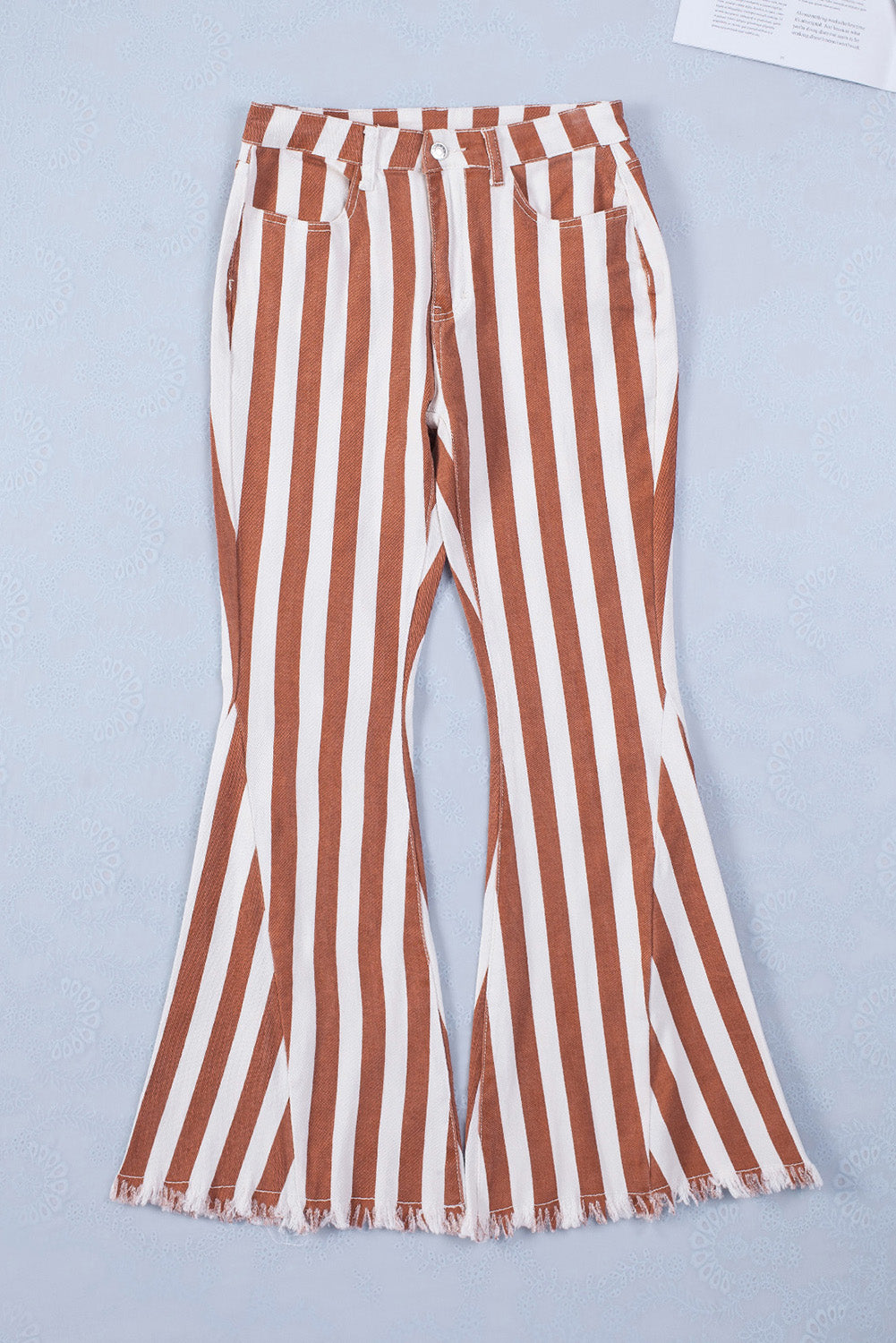 Brown Striped Fringe Bell Bottom Denim Pants