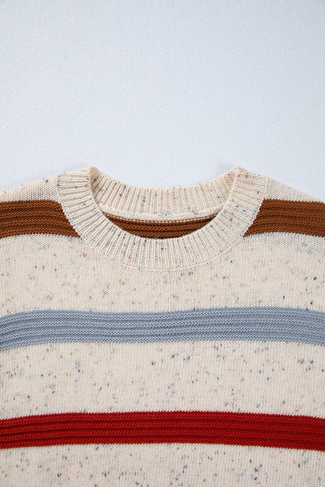 Beige Stripe Exposed Seam Drop Shoulder Heathered Knit Sweater