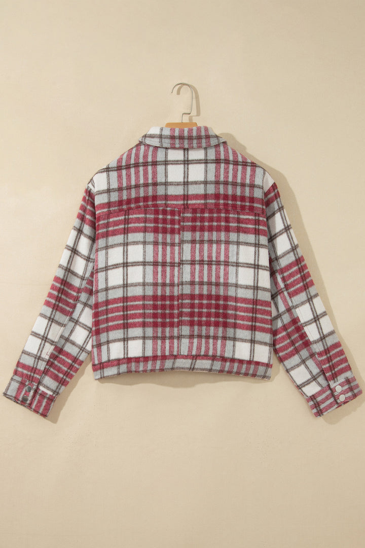 Red Plaid Flannel Metal Button Collar Long Sleeve Vintage Shift Jacket