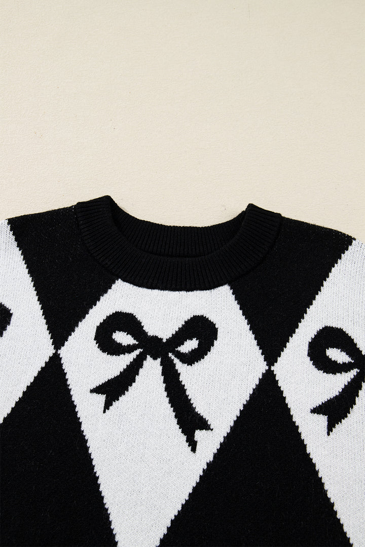 Black Bow Print 2-tone Rhombus Knit Loose Sweater