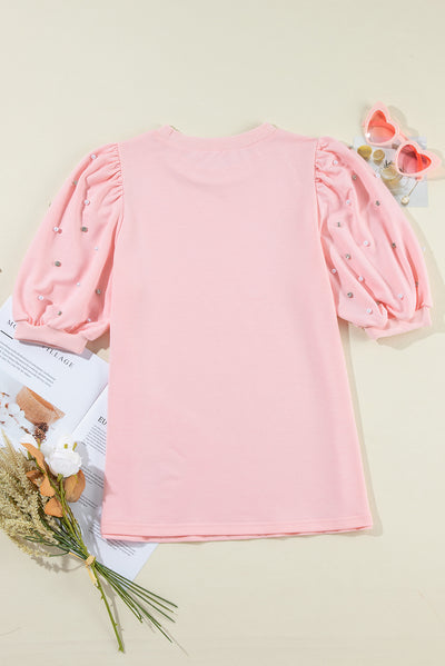 Light Pink Rhinestone Pearl Puff Half Sleeve Top