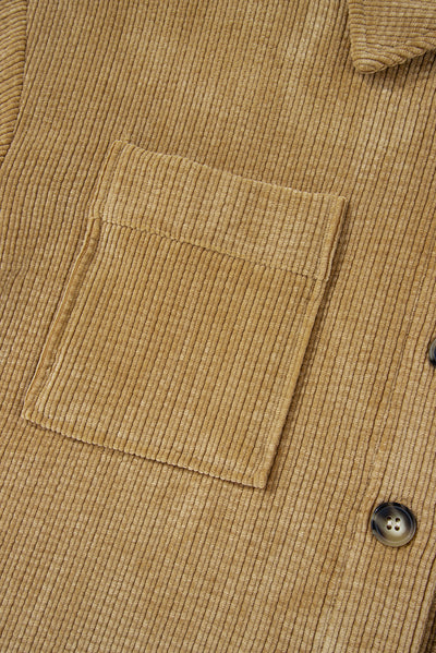 Light French Beige Patched Pocket Button Up Corduroy Shacket