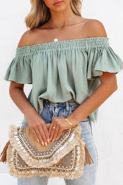 Green Off Shoulder Textured Ruched Ruffle Blouse