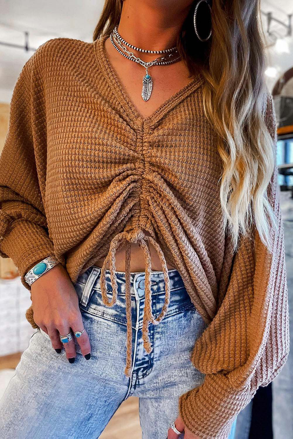 Brown V-Neck Drawstring Dolman Sleeve Waffle Knit Top