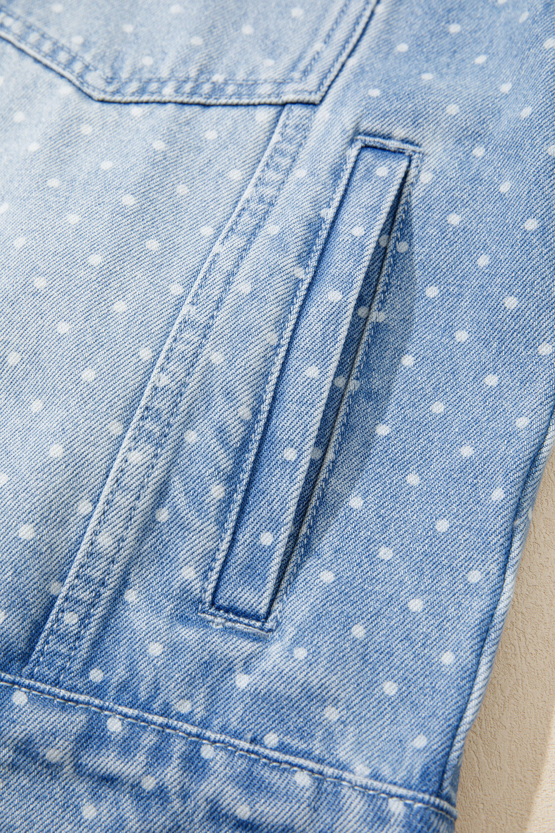 Sky Blue Polka Dot Long Sleeve Collar Pocket Casual Shift Silhouette Denim Jacket