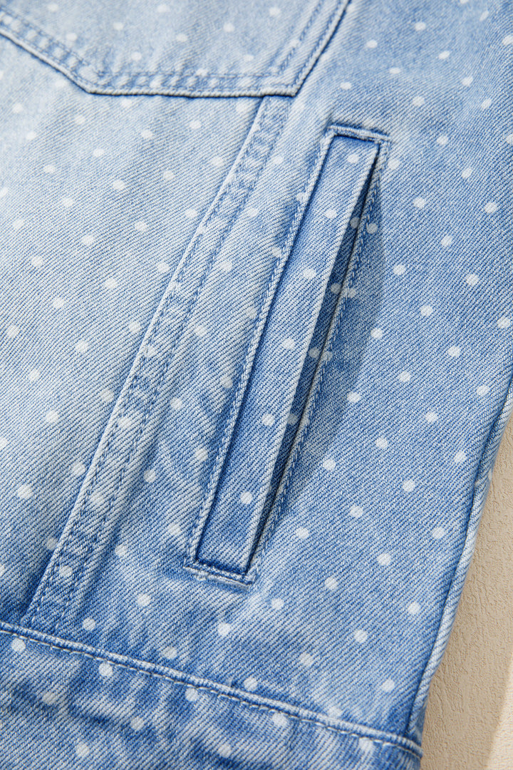 Sky Blue Polka Dot Long Sleeve Collar Pocket Casual Shift Silhouette Denim Jacket