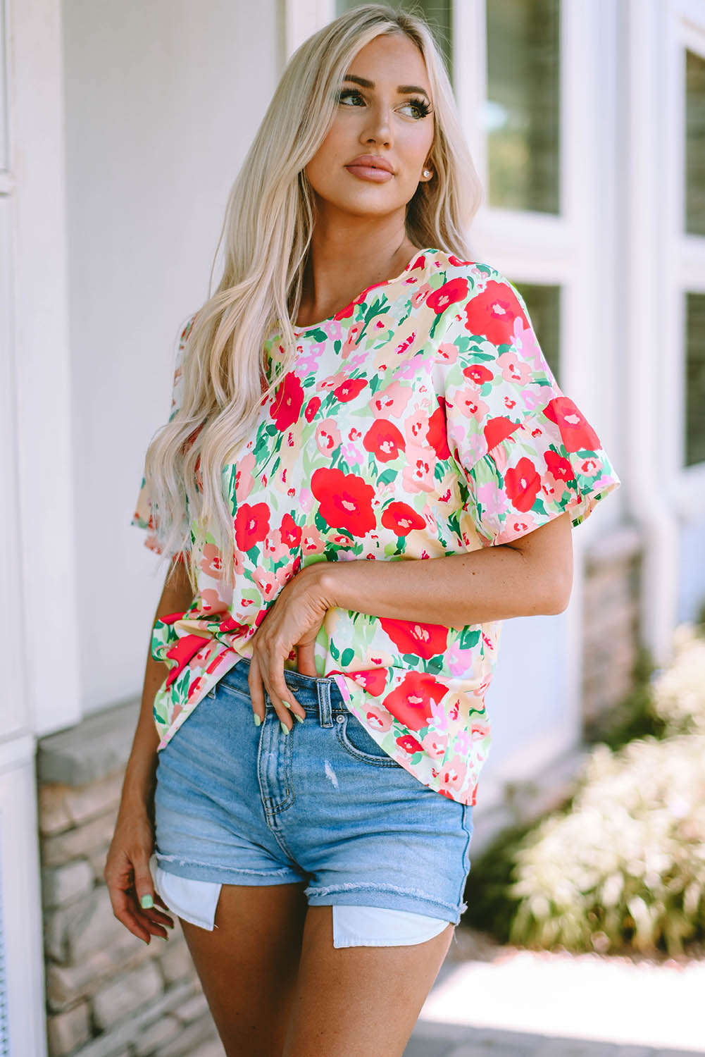 Fiery Red Floral Print Ruffled Short Sleeve V Neck Blouse