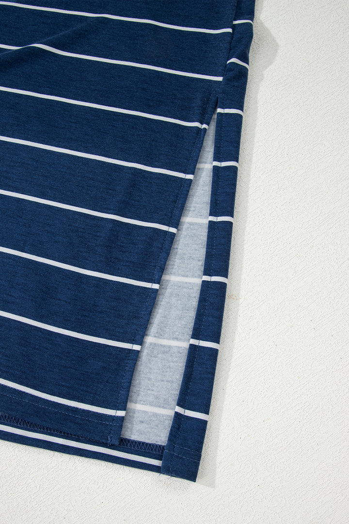 Blue Gray Stripe Print Open Back Sleeveless Maxi Dress with Slits