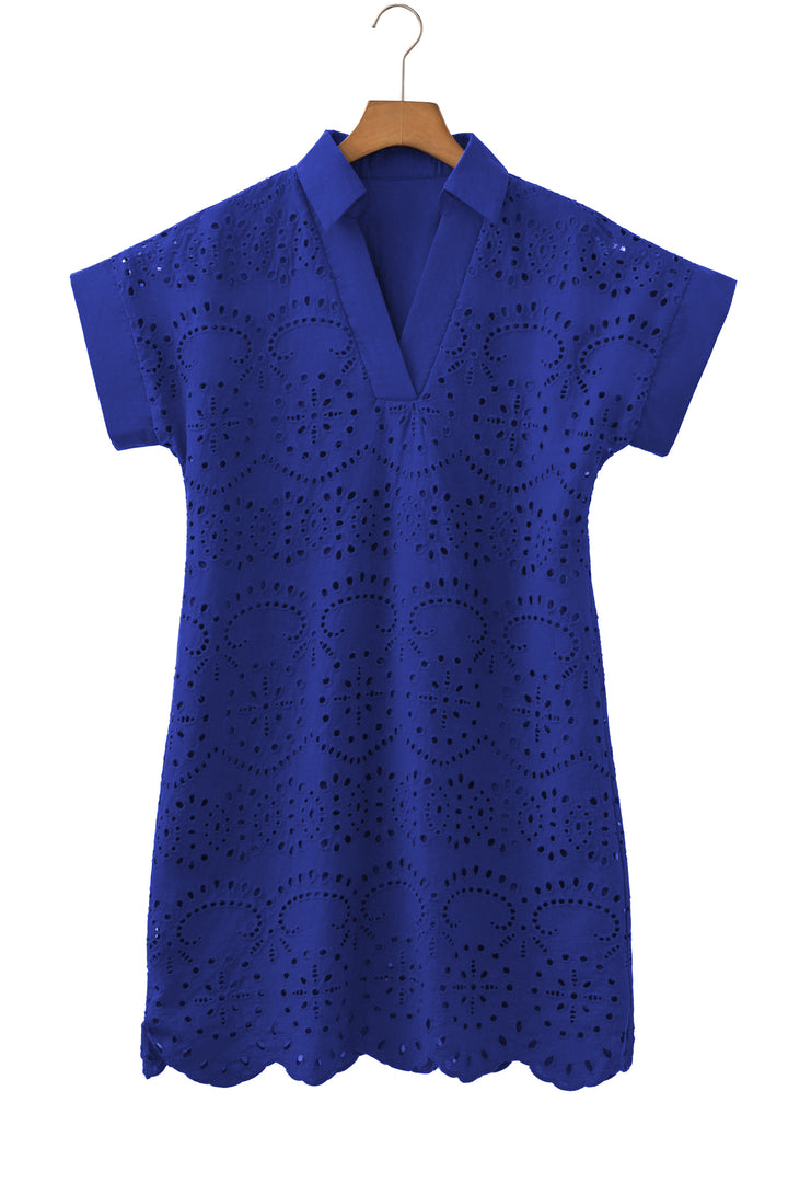 Dark Blue Solid Color Eyelet Embroidered T Shirt Mini Dress