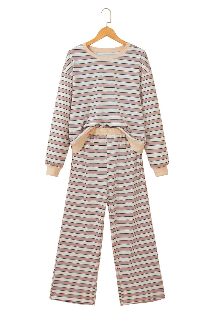 Khaki Stripe Contrast Trim Long Sleeve Top Elastic Waist Pants Set