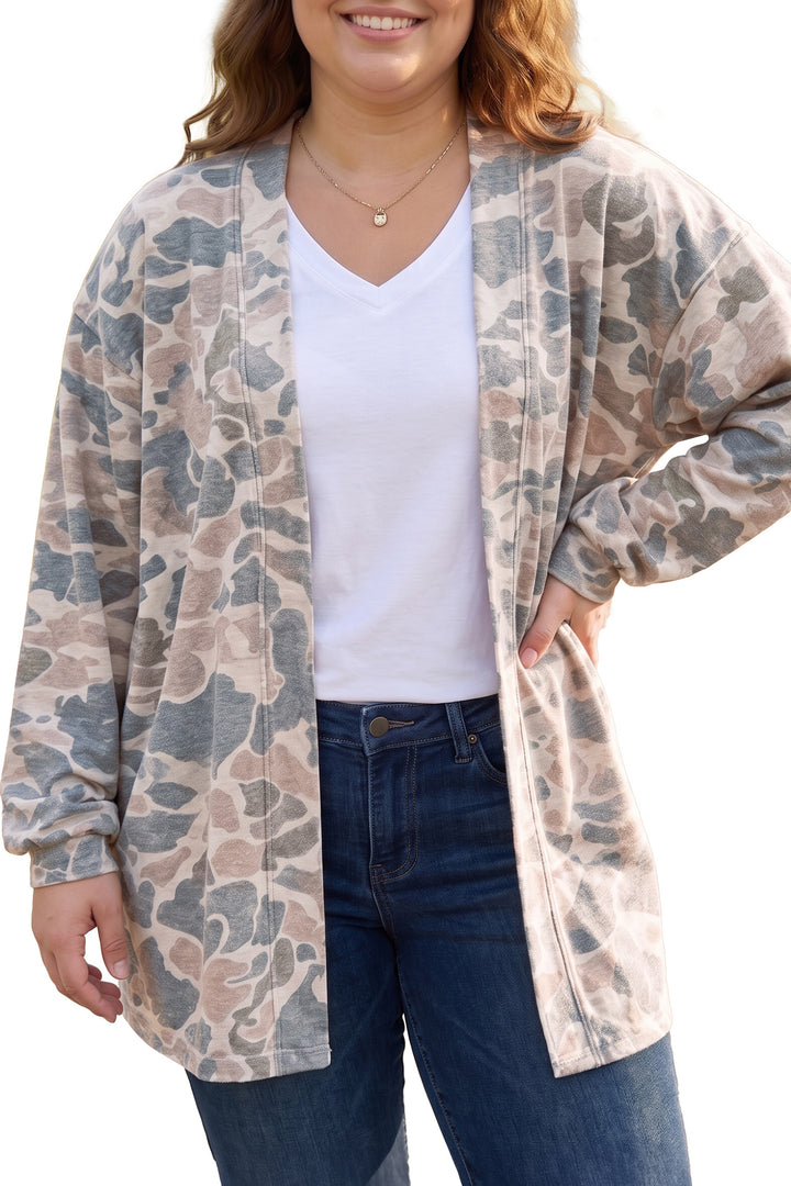 Multicolour Retro Camouflage Print Plus Size Open Tunic Cardigan