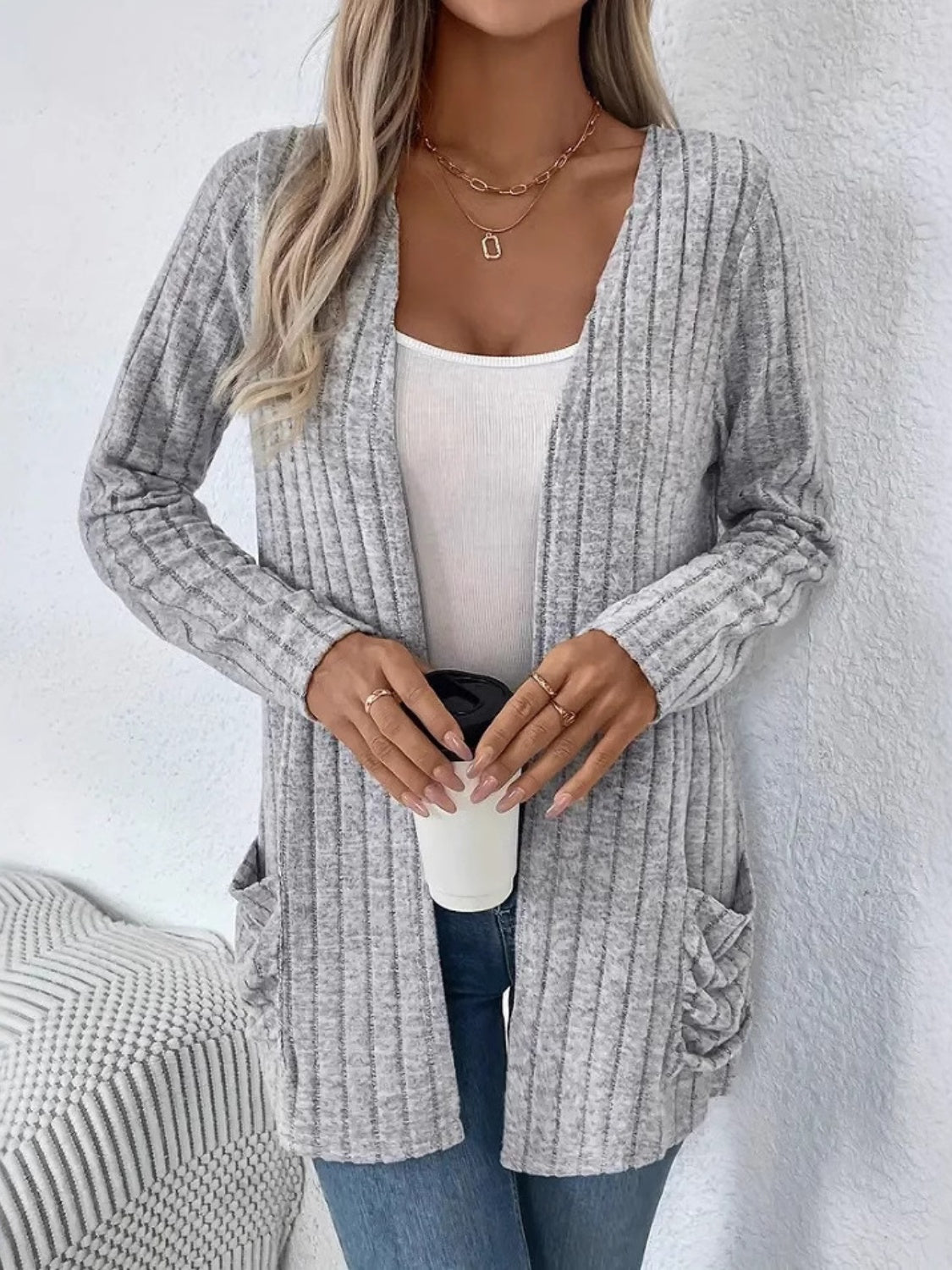 Ribbed Open Front Long Sleeve Cardigan with Pockets