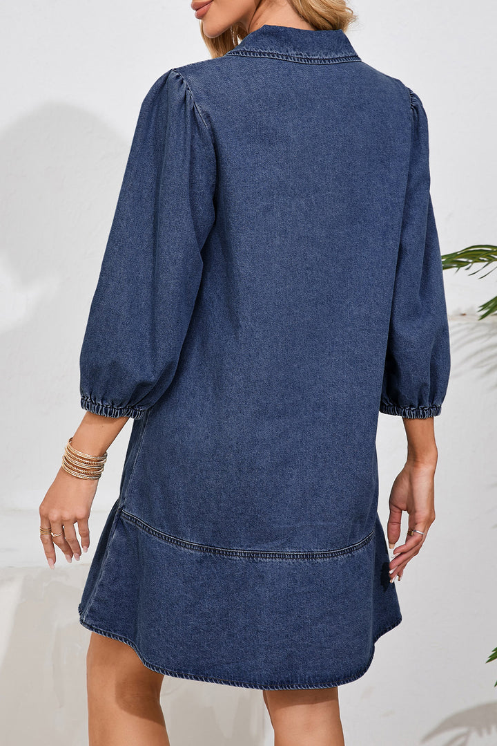 Sail Blue V Neck Collared Single Chest Pocket Long Sleeve Denim Dress