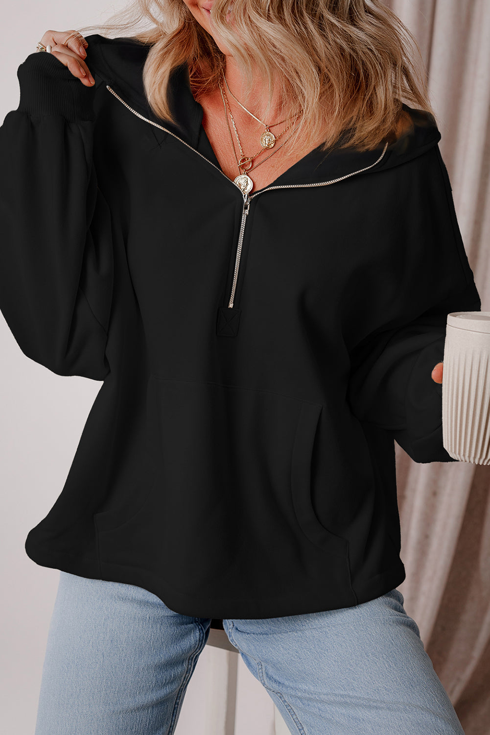 Kate Fleece Lined Half Zipper Kangaroo Pockets Loose Hoodie