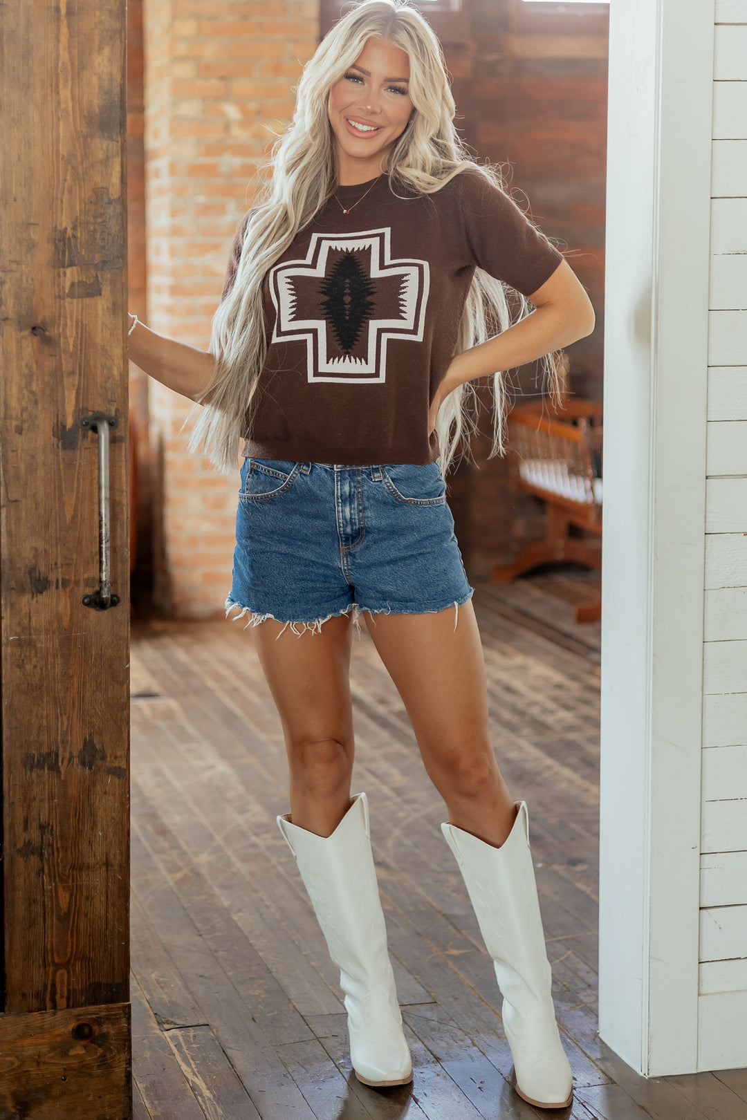 Brown Western Print Short Sleeve Knit Casual Sweater