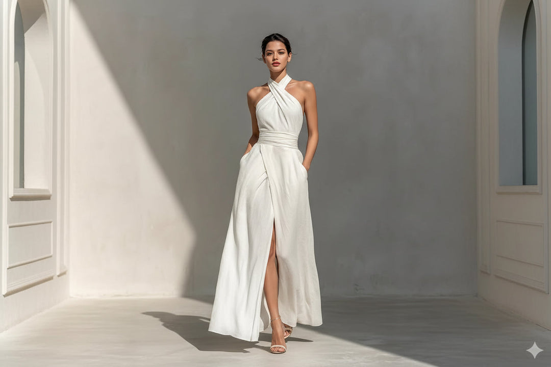 Sleeveless Elegant Slim-Fit Pure White Dress