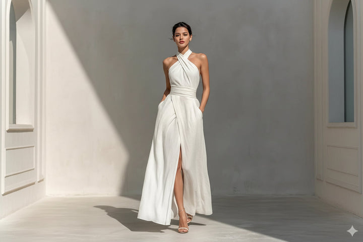 Sleeveless Elegant Slim-Fit Pure White Dress