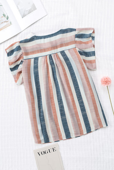 Multicolor Stripes Split Neck Pleated Ruffled Short Sleeves Top