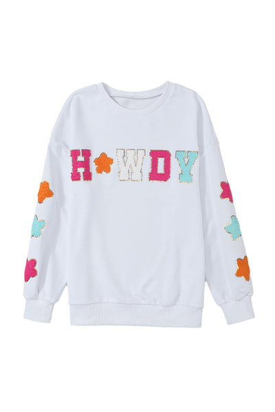 White Howdy Glitter Chenille Patch Graphic Casual Sweatshirt