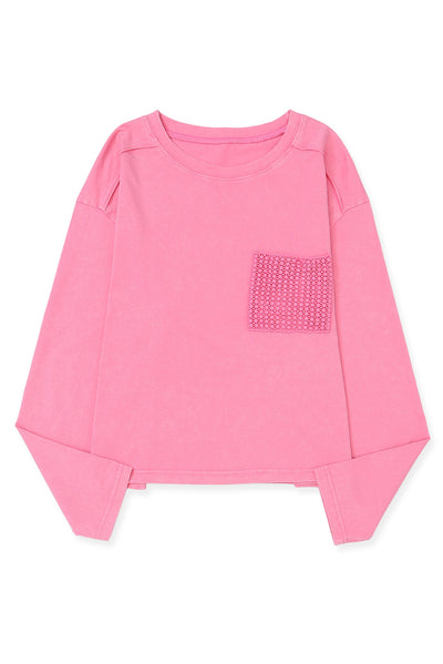 Pink Lace Patch Pocket Long Sleeve T-shirt