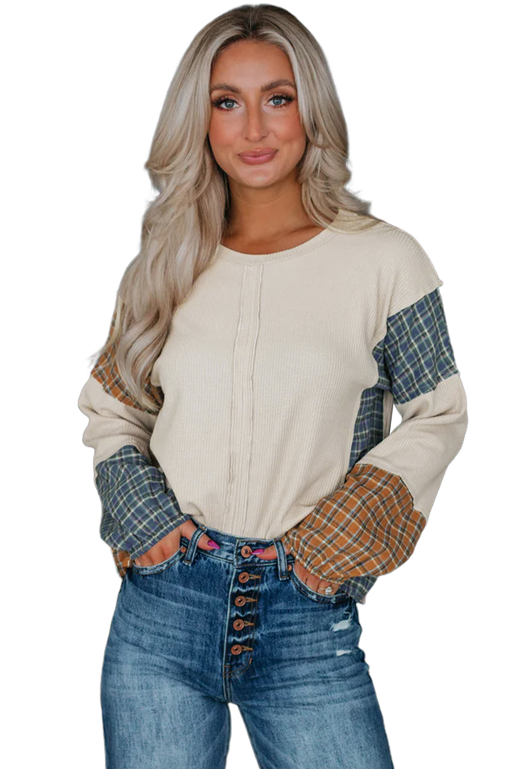 Smoke Gray Plaid Patchwork Raw Seam Long Sleeve Top