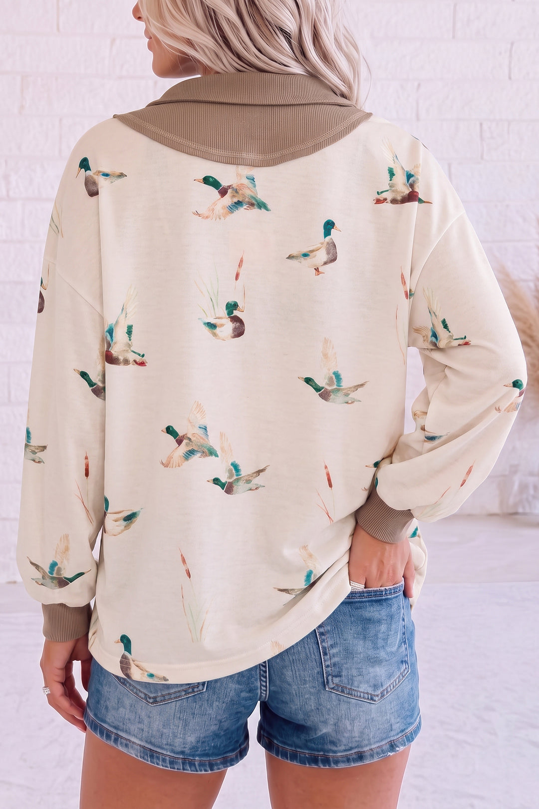 Beige Wild Mallard Print Color Block Patchwork Zip Neck Tunic Top