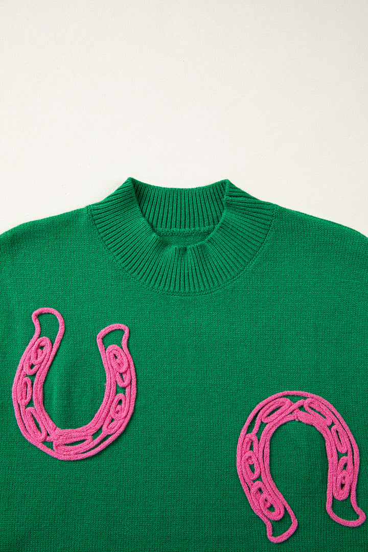 White Corded Horseshoes Ribbed Trim Mock Neck Short Sleeve Sweater