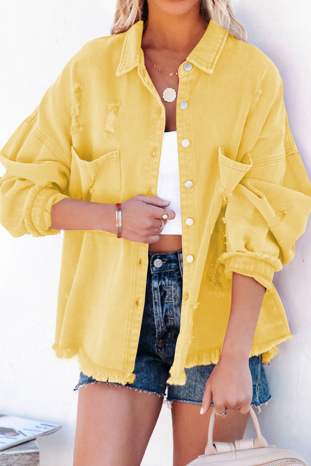 Orange Distressed Fringe Trim Denim Jacket