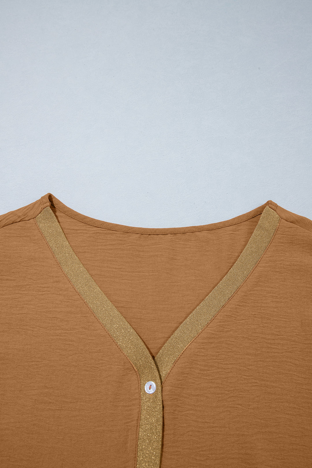 Brown V Neck Glitter Trim Patchwork Button-Front Blouse