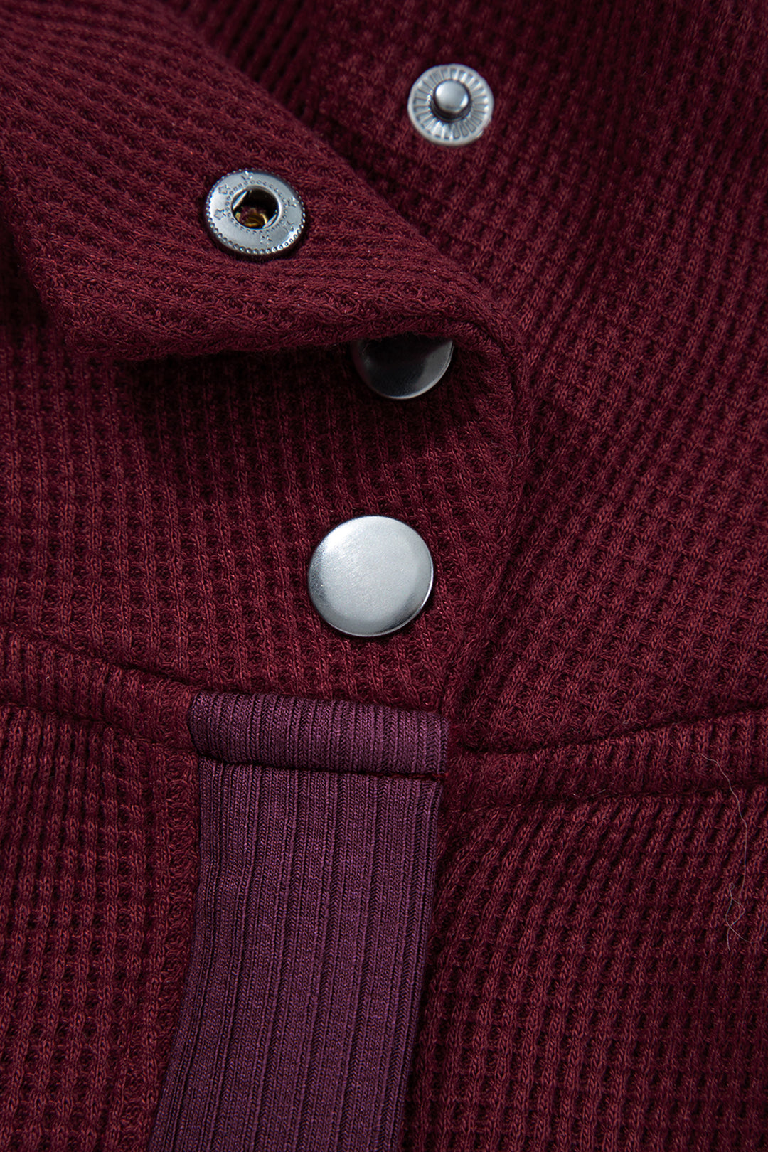 Burgundy Waffle Splicing Zip Up Front Button Hooded Jacket