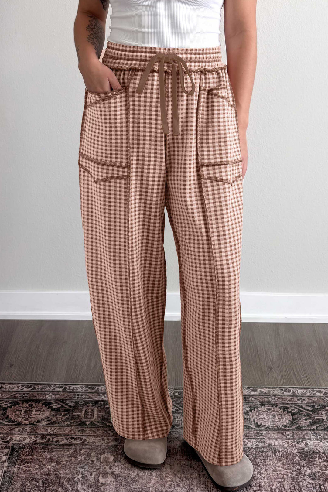 Brown Plaid Contrast Trim Drawstring Elastic Waist Shift Pants