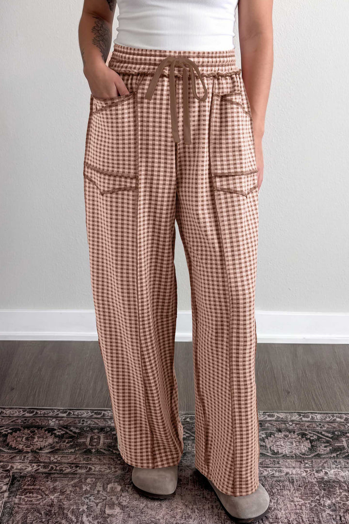 Brown Plaid Contrast Trim Drawstring Elastic Waist Shift Pants
