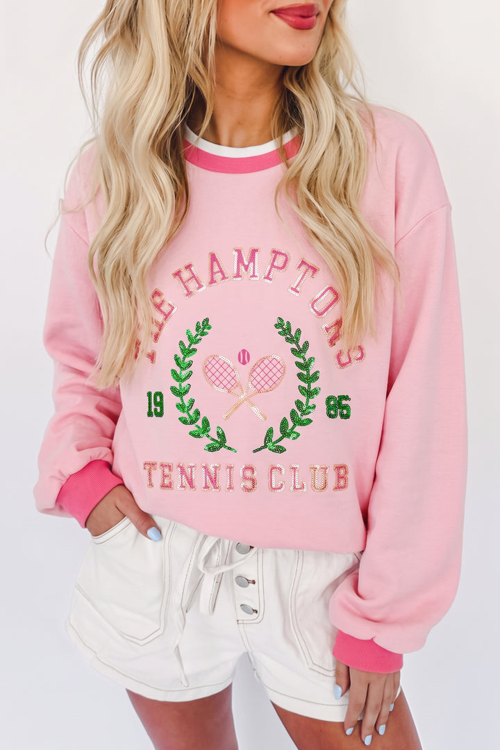 Pink Embroidered Tennis Club Crew Neck Pullover Sweatshirt