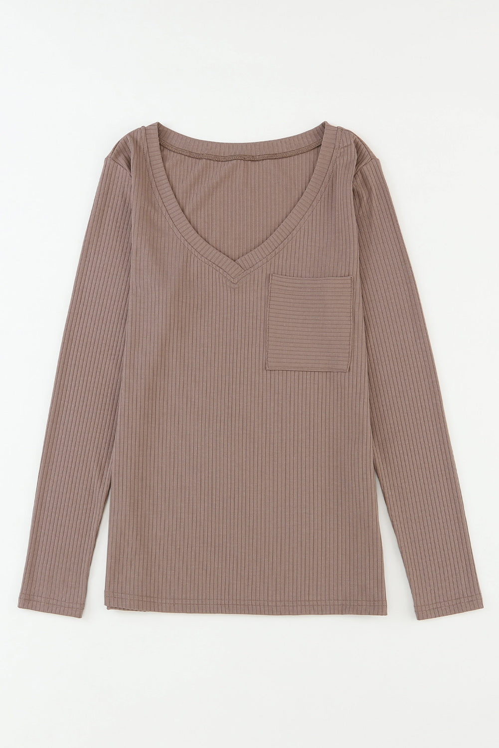 Khaki Ribbed Knit Patched Chest Pocket V Neck Top